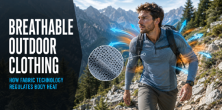 Breathable Outdoor Clothing: How Fabric Technology Helps Regulate Body Heat Hiker wearing breathable outdoor clothing with airflow arrows and a close-up of ventilated performance fabric.