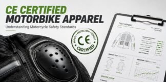 Understanding Motorcycle Safety Standards: Understanding CE Certified Motorbike Apparel Close-up of a black CE-certified motorbike jacket with an elbow protector, a test report on a clipboard, a green CE Certified logo, and a certification timeline at the bottom.