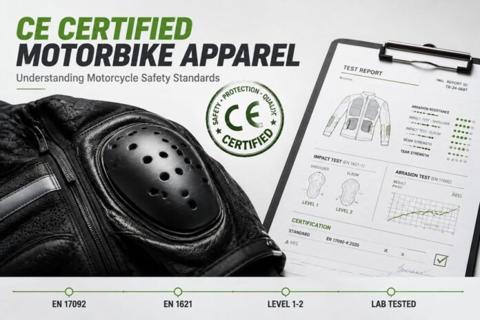 Close-up of a black CE-certified motorbike jacket with an elbow protector, a test report on a clipboard, a green CE Certified logo, and a certification timeline at the bottom.