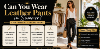 Can You Wear Leather Pants in Summer? Lightweight Styling Ideas Fashion infographic on a black background titled "Can You Wear Leather Pants in Summer?" with lightweight styling tips, showing a woman in sunglasses, a white tank top, and black cropped leather pants carrying a woven bag.