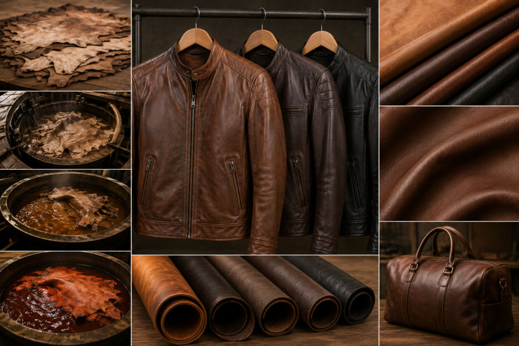 Leather Tanning Methods: How Tanning Affects Apparel Quality 2 Leather tanning process with hides, tanning vats, leather rolls, and finished leather jackets.Leather Tanning Methods: How Tanning Affects Apparel Quality