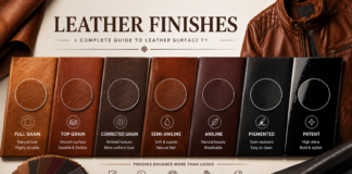 Leather Finishes: A Complete Guide to Leather Surface Types Leather finishes guide showing full grain, top grain, corrected grain, semi-aniline, aniline, pigmented, and patent leather surface types.Leather Finishes: A Complete Guide to Leather Surface Types