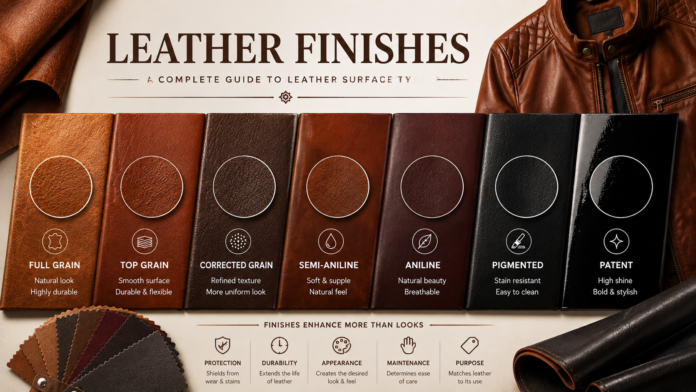 Leather finishes guide showing full grain, top grain, corrected grain, semi-aniline, aniline, pigmented, and patent leather surface types.Leather Finishes: A Complete Guide to Leather Surface Types