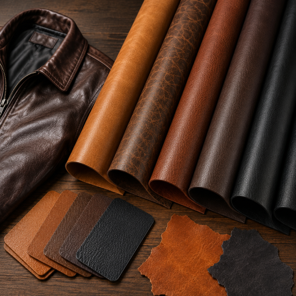 Leather samples and a leather jacket showing different surface textures and finishes.Leather Finishes: A Complete Guide to Leather Surface Types