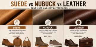Suede vs Nubuck vs Leather: Best Uses and Key Differences Suede vs nubuck vs leather showing key differences, textures, and best uses for footwear, jackets, and accessories.Suede vs Nubuck vs Leather: Best Uses and Key Differences