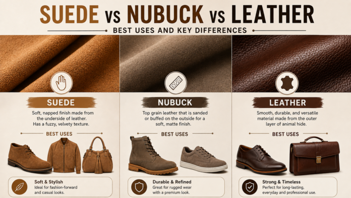 Suede vs Nubuck vs Leather: Best Uses and Key Differences Suede vs nubuck vs leather showing key differences, textures, and best uses for footwear, jackets, and accessories.Suede vs Nubuck vs Leather: Best Uses and Key Differences