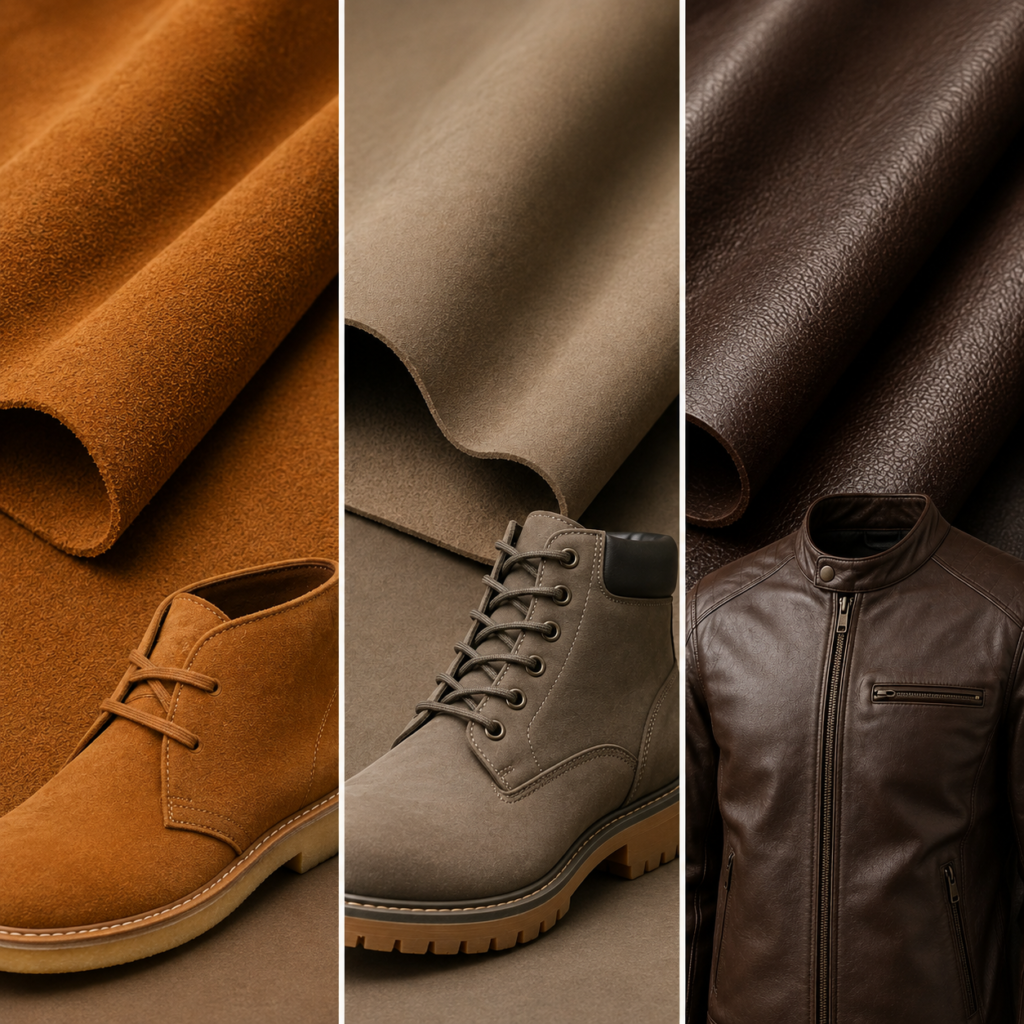 Suede vs Nubuck vs Leather: Best Uses and Key Differences 2 Suede, nubuck, and leather textures with matching boots and leather jacket.Suede vs Nubuck vs Leather: Best Uses and Key Differences