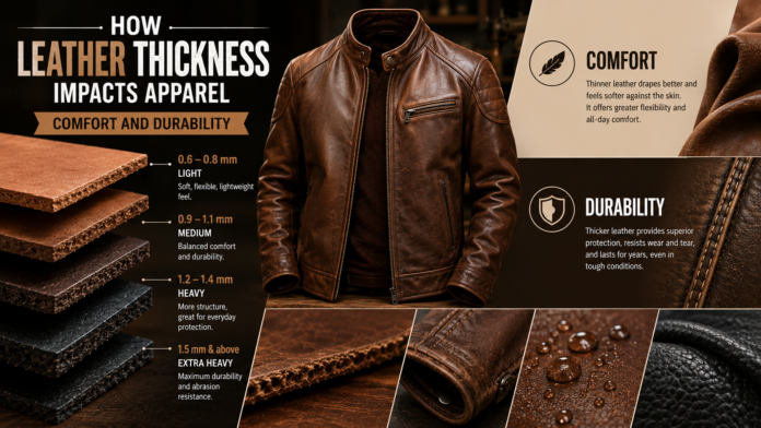 How leather thickness impacts apparel comfort and durability, showing different leather thicknesses and a leather jacket.How Leather Thickness Impacts Apparel: Comfort and Durability