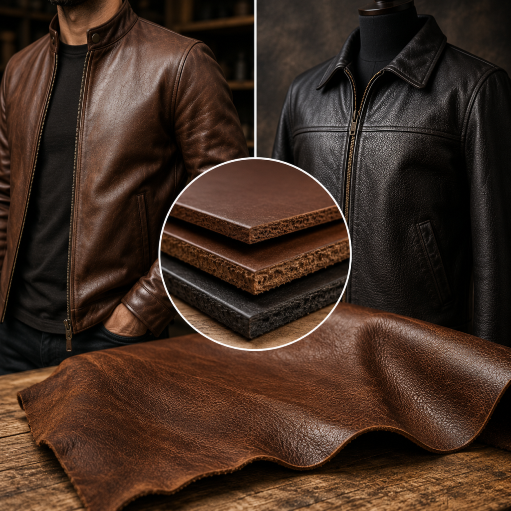 Leather jackets and stacked leather samples showing how thickness affects apparel comfort and durability.How Leather Thickness Affects Apparell
