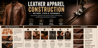 Leather Apparel Construction: Methods, Steps & Techniques Leather apparel construction methods, steps, and techniques shown through cutting, stitching, assembly, finishing, and quality inspection.Leather Apparel Construction: Methods, Steps & Techniques