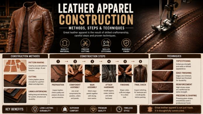 Leather apparel construction methods, steps, and techniques shown through cutting, stitching, assembly, finishing, and quality inspection.Leather Apparel Construction: Methods, Steps & Techniques