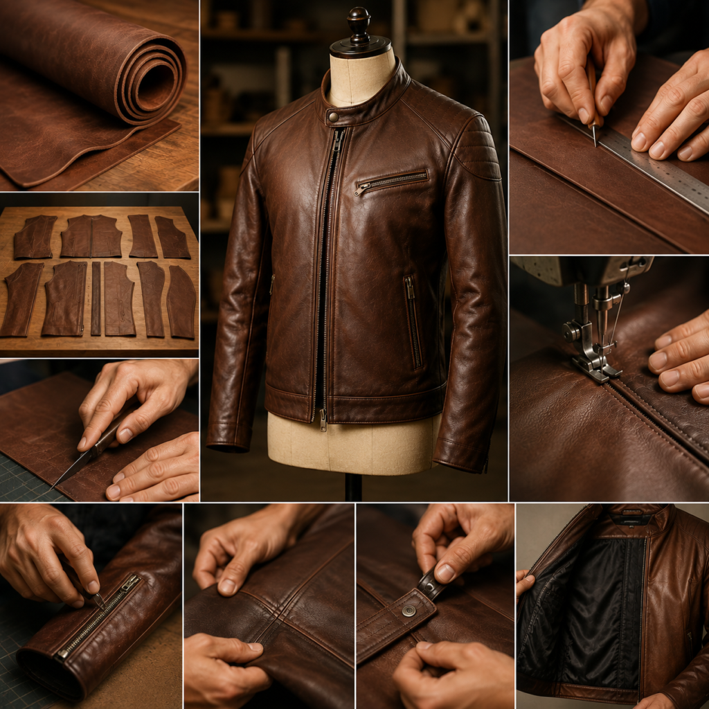 Leather apparel construction process showing leather cutting, stitching, and jacket assembly.Leather Apparel Construction: Methods, Steps & Techniques