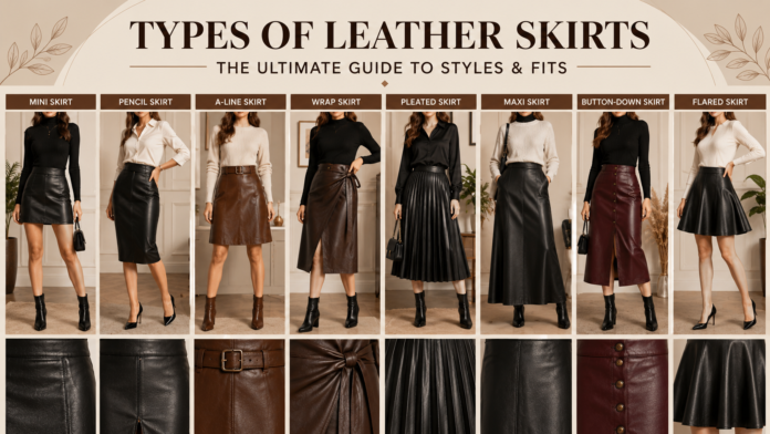 Types of leather skirts showing mini, pencil, A-line, wrap, pleated, maxi, button-down, and flared styles.Types of Leather Skirts: The Ultimate Guide to Styles & Fits
