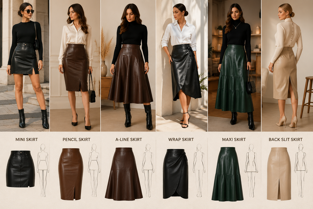 Alt Text:
Women’s leather skirts in mini, midi, pencil, wrap, A-line, and maxi styles displayed in a fashion collage.Types of Leather Skirts: The Ultimate Guide to Styles & Fits