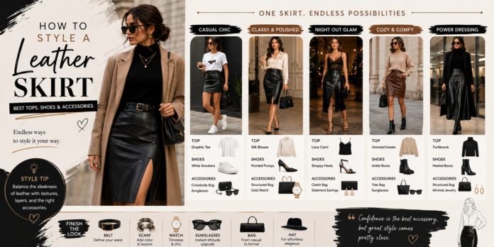 How to Style a Leather Skirt: Best Tops, Shoes & Accessories.How to style a leather skirt with different tops, shoes, bags, belts, and accessories for casual, polished, evening, and winter looks.