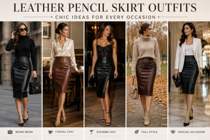 Leather pencil skirt outfits styled with elegant tops, coats, heels, and boots for work, casual, and evening occasions.