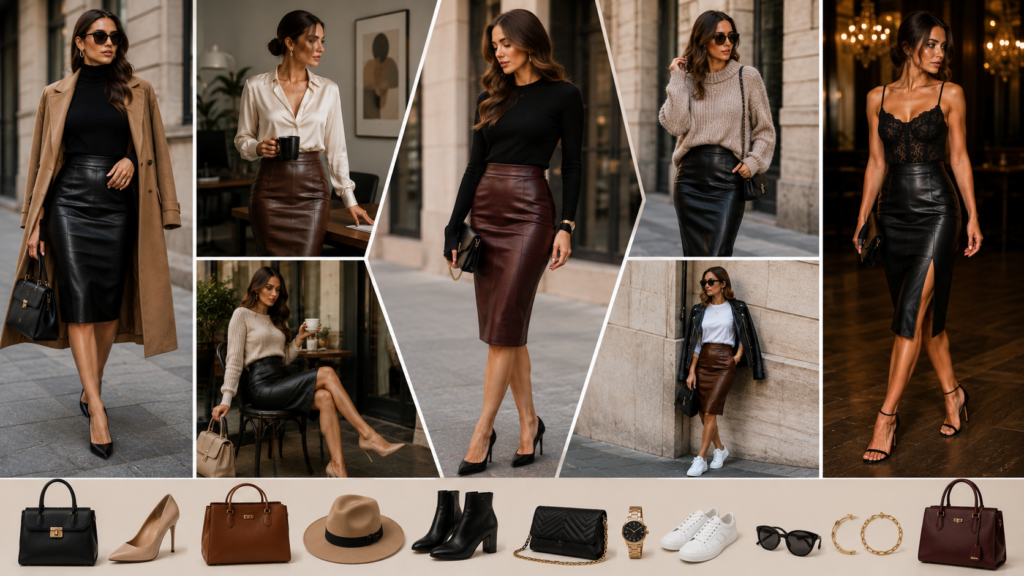 Leather pencil skirt outfits styled with blouses, sweaters, coats, heels, and boots for chic everyday and special occasion looks.Leather Pencil Skirt Outfits: Chic Ideas for Every Occasion