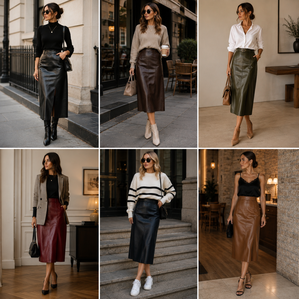 Women wearing leather midi skirts styled with sweaters, blouses, blazers, boots, heels, and sneakers.Leather Midi Skirt Outfits: Stylish Looks for Every Occasion