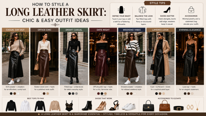 How to Style a Long Leather Skirt: Chic & Easy Outfit Ideas Long leather skirt outfits styled with sweaters, blouses, turtlenecks, coats, heels, boots, and sneakers for various occasions.How to Style a Long Leather Skirt: Chic & Easy Outfit Ideas