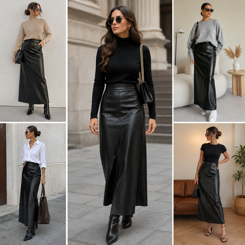 How to Style a Long Leather Skirt: Chic & Easy Outfit Ideas 3 Women styling long leather skirts with sweaters, shirts, coats, boots, and heels in chic everyday outfits.