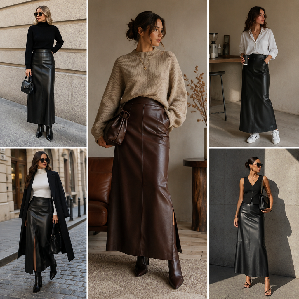 How to Style a Long Leather Skirt: Chic & Easy Outfit Ideas 4 How to Style a Long Leather Skirt: Chic & Easy Outfit IdeasWomen styling long leather skirts with sweaters, shirts, coats, boots, and heels in chic everyday outfits.
