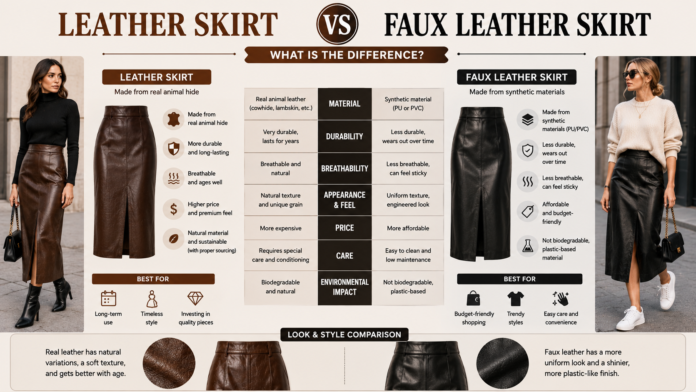 Leather skirt versus faux leather skirt comparison showing differences in material, durability, breathability, appearance, price, care, and environmental impact.Leather Skirt vs Faux Leather Skirt: What Is the Difference?