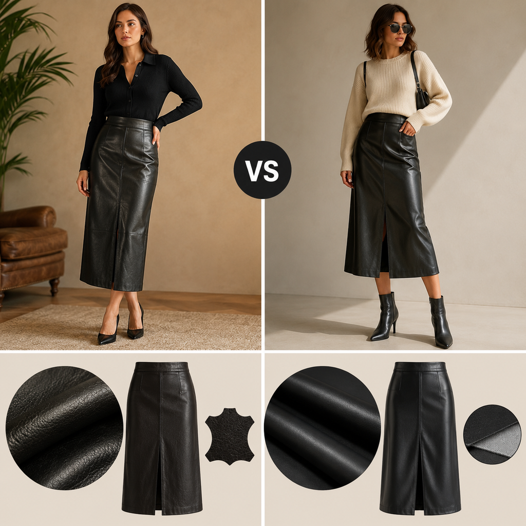 Comparison of genuine leather and faux leather skirts featuring different textures, finishes, stitching, and styling details.Leather Skirt vs Faux Leather Skirt: What Is the Difference?