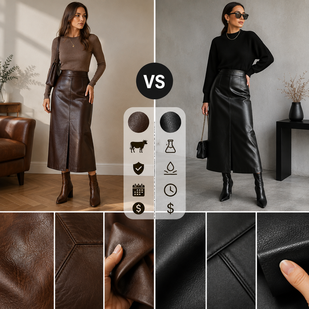 Leather Skirt vs Faux Leather Skirt: What Is the Difference?Comparison of genuine leather and faux leather skirts featuring different textures, finishes, stitching, and styling details.