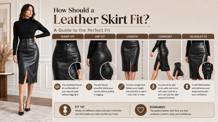 How should a leather skirt fit? A visual guide showing proper waist, hip, length, comfort, and silhouette fit.How Should a Leather Skirt Fit? A Guide to the Perfect Fit