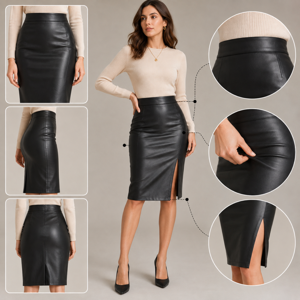 Woman wearing a fitted brown leather midi skirt with a black sweater, showing the proper leather skirt fit from different angles.How Should a Leather Skirt Fit? A Guide to the Perfect Fit