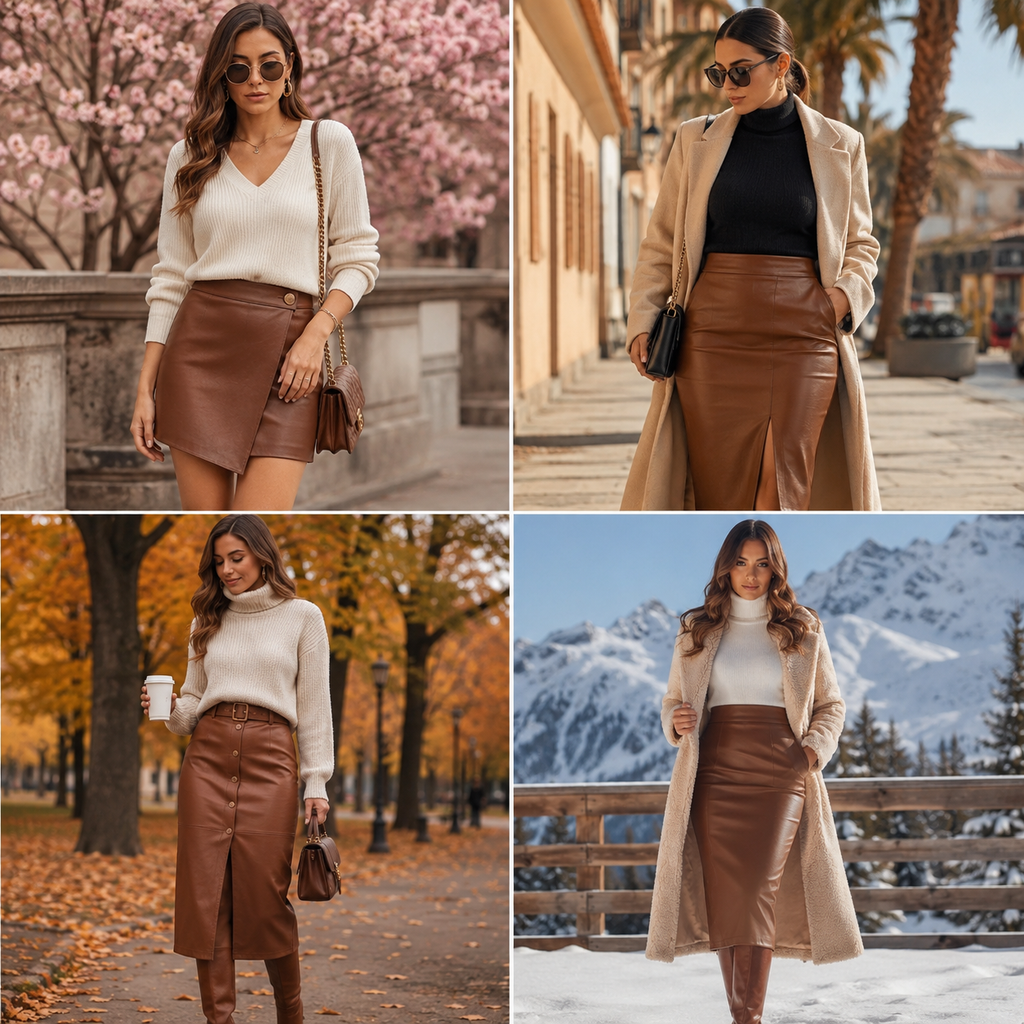 Brown Leather Skirt Outfits: Stylish Ideas for Every Season 4 Brown leather skirt outfits styled with cozy sweaters, blouses, boots, and accessories for different occasions.Brown Leather Skirt Outfits: Stylish Ideas for Every Season
