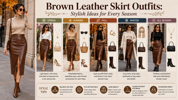 Brown Leather Skirt Outfits: Stylish Ideas for Every Season Brown leather skirt outfits styled for spring, summer, fall, winter, and year-round fashion.Brown Leather Skirt Outfits: Stylish Ideas for Every Season