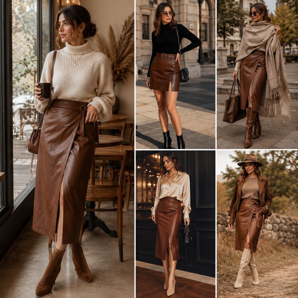 Brown Leather Skirt Outfits: Stylish Ideas for Every Season 3 Brown leather skirt outfits styled with cozy sweaters, blouses, boots, and accessories for different occasions.Brown Leather Skirt Outfits: Stylish Ideas for Every Season