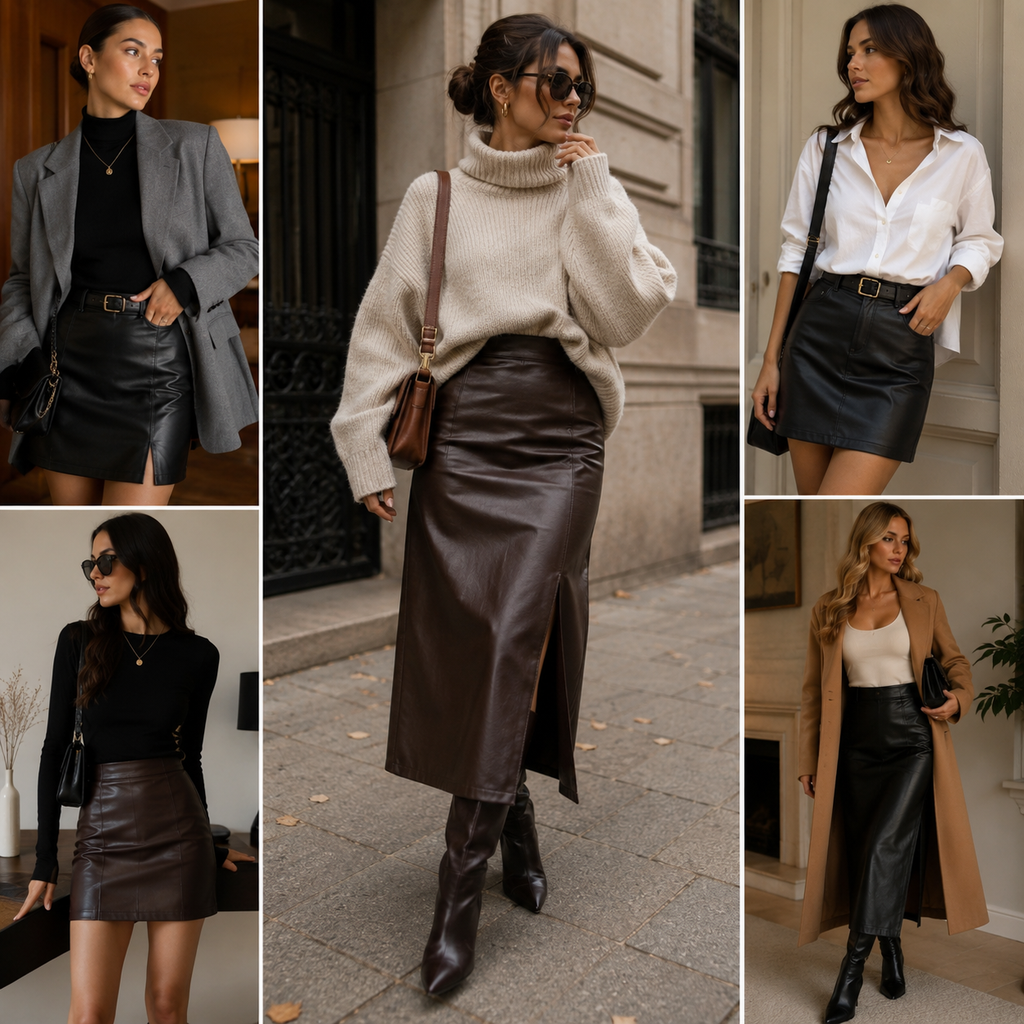 Stylish women wearing leather skirts with sweaters, blazers, shirts, and coats for chic layered outfits.What to Wear With a Leather Skirt: Best Tops & Layers to Try