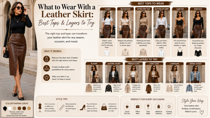 What to wear with a leather skirt, featuring T-shirts, blouses, knit tops, blazers, jackets, coats, and stylish layering ideas.What to Wear With a Leather Skirt: Best Tops & Layers to Try