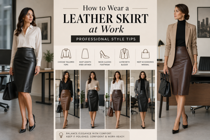 How to wear a leather skirt at work with polished outfits, blazers, blouses, and classic footwear.How to Wear a Leather Skirt at Work: Professional Style Tips