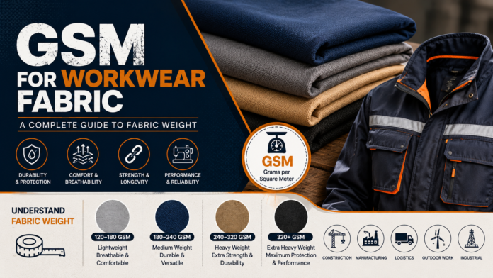 GSM for workwear fabric showing different fabric weights, folded textiles, and a professional workwear jacket.