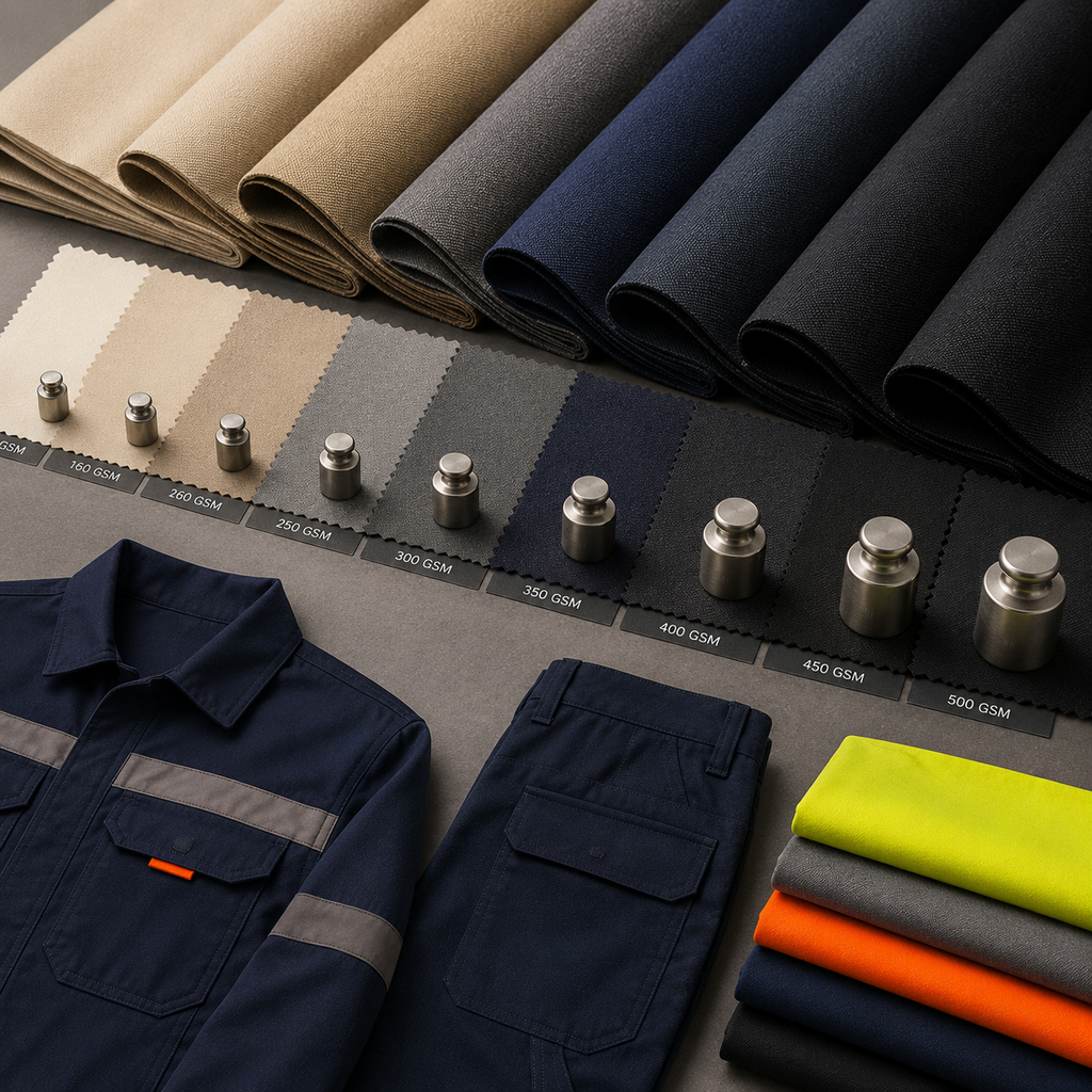 Workwear fabric samples in different GSM weights with protective work clothing.GSM for Workwear Fabric: A Complete Guide to Fabric Weight