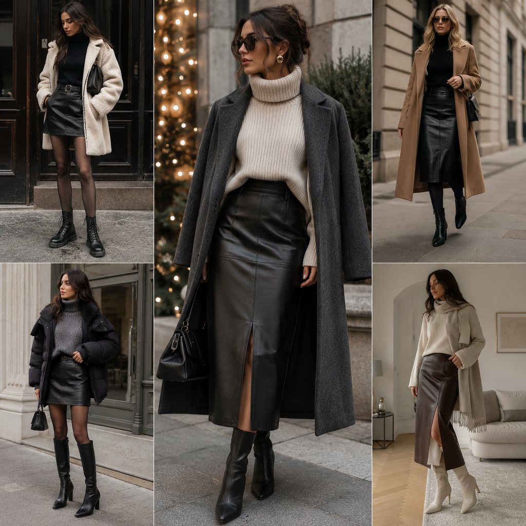 How to Style a Leather Skirt in Winter: Chic Layering Ideas.Woman wearing a black leather skirt with a cream sweater and long coat in winter
