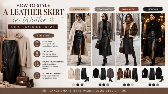 How to style a leather skirt in winter with cozy sweaters, coats, blazers, scarves, and boots.How to Style a Leather Skirt in Winter: Chic Layering Ideas