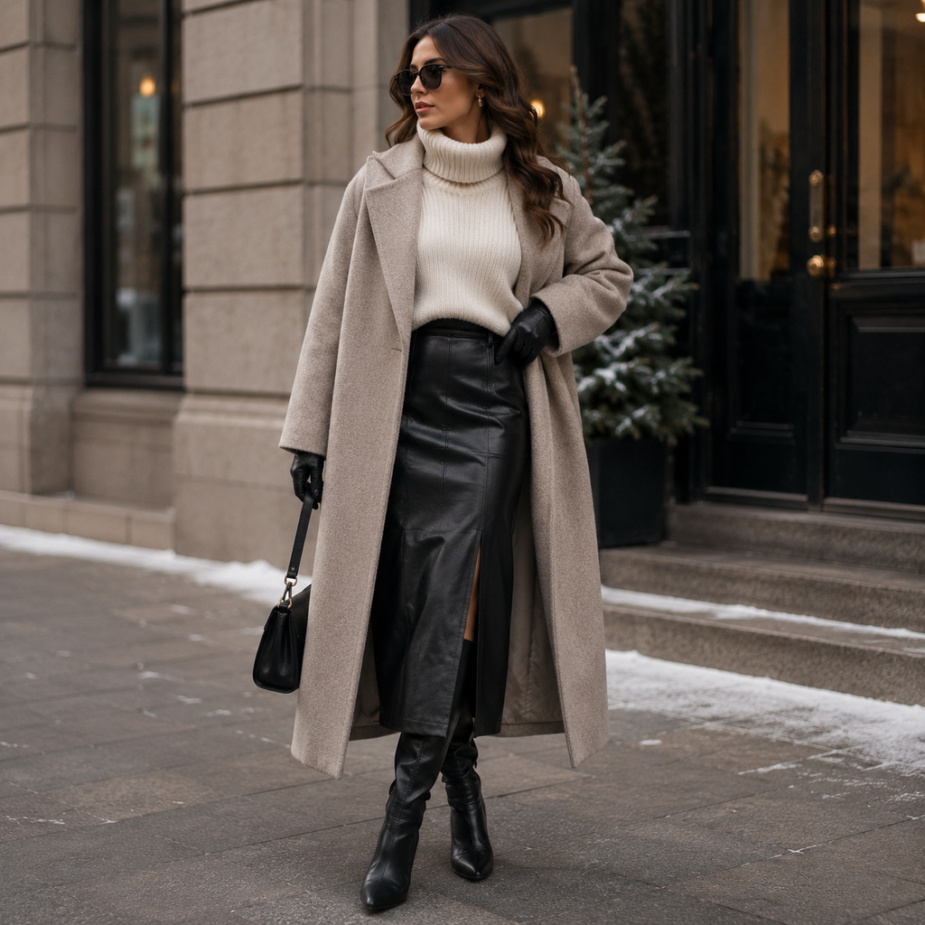 Woman wearing a black leather skirt with a cream sweater and long coat in winter.How to Style a Leather Skirt in Winter: Chic Layering Ideas