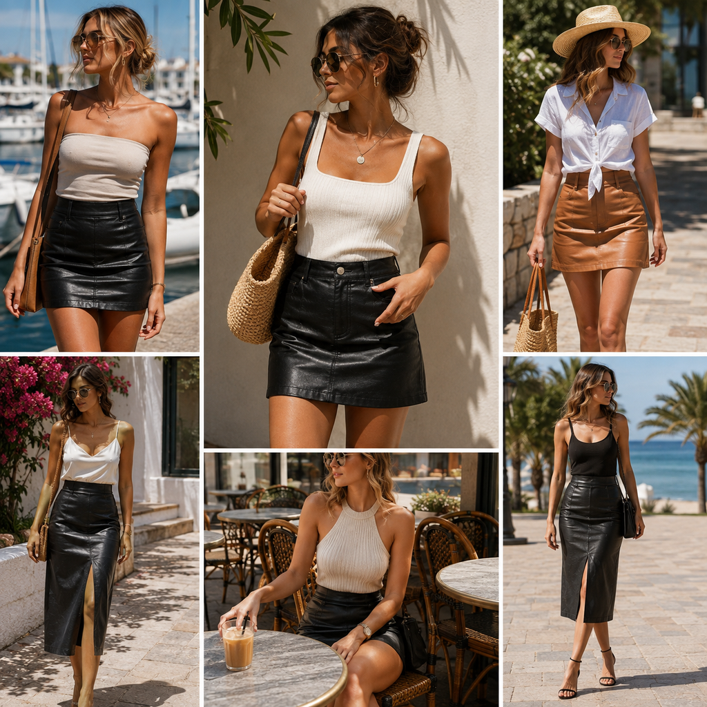 Can You Wear Leather Skirts in Summer? Tips & Outfit Ideas.Woman wearing a black leather mini skirt with a white linen shirt and sandals in a sunny summer setting.