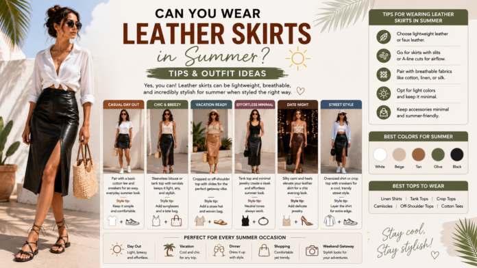 Woman wearing a black leather mini skirt with a white linen shirt and sandals in a sunny summer setting.Can You Wear Leather Skirts in Summer? Tips & Outfit Ideas