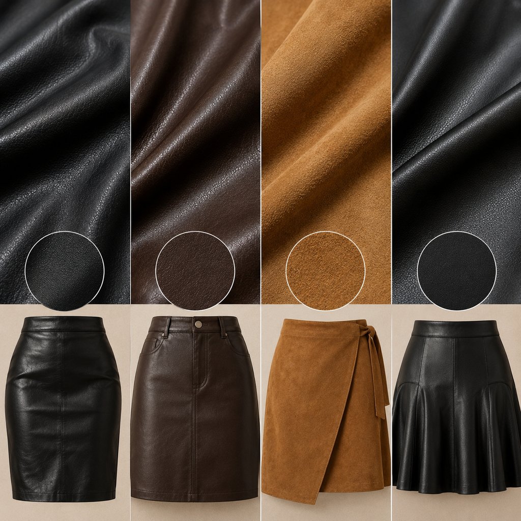 Comparison of full grain and top grain leather for apparel, showing leather jackets, textures, and material structures.