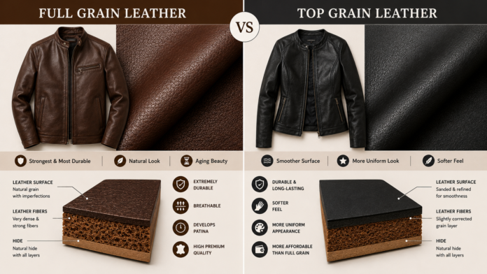 Comparison of full grain and top grain leather for apparel, showing leather jackets, textures, and material structures.