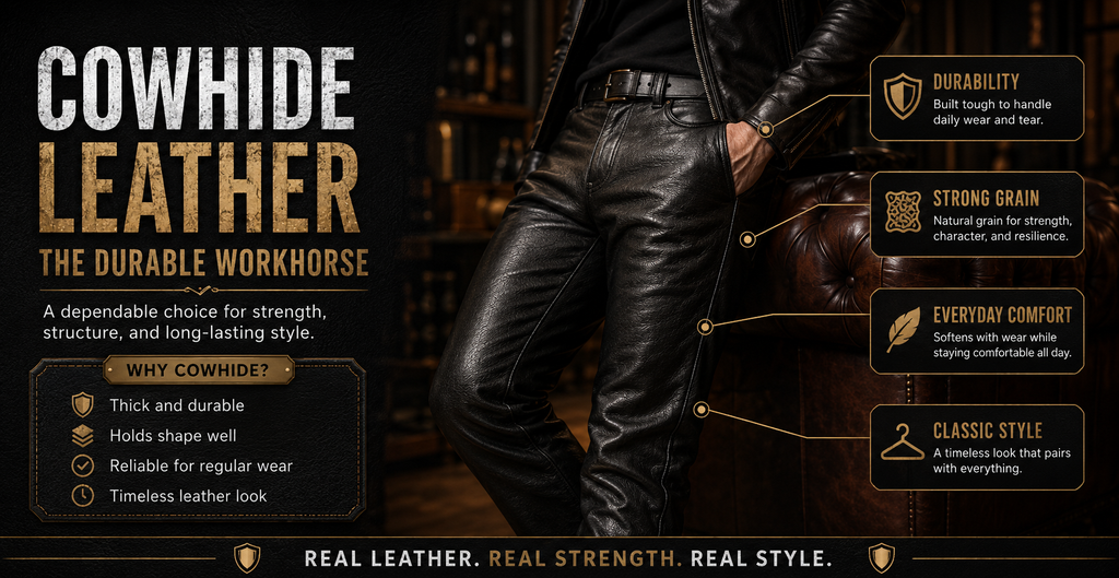 Leather Pants Materials Guide: Choosing the Best Leather for Your Style and Comfort 5 A close-up of textured brown cowhide leather showing its natural grain pattern and warm, earthy tones, soft lighting across the surface.