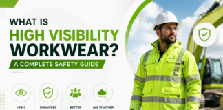 What Is High Visibility Workwear? A Complete Safety Guide Infographic of a worker in high-visibility gear beside an excavator, highlighting the gear's benefits and uses.