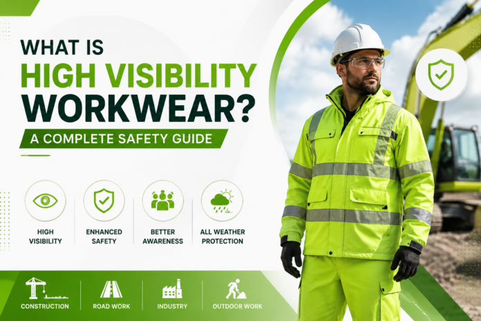 Infographic of a worker in high-visibility gear beside an excavator, highlighting the gear's benefits and uses.