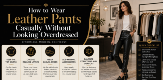 How to Wear Leather Pants Casually Without Looking Overdressed Black-and-gold style guide titled "How to Wear Leather Pants Casually Without Looking Overdressed," showing a woman in a white t-shirt, light brown blazer, black leather pants, and black loafers holding a handbag
