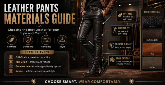 Leather Pants Materials Guide Choosing the Best Leather for Your Style and Comfort A promotional infographic guide to leather pants materials. On the right, a person is shown from the waist down wearing black leather pants and black boots in a dimly lit upscale room. On the left, the guide lists leather types—Full-Grain, Top-Grain, Genuine Leather, and Suede—with their benefits, plus finish swatches in Black, Dark Brown, Tan, and Suede. Features icons for Comfort, Durability, Flexibility, and Style, with the tagline
